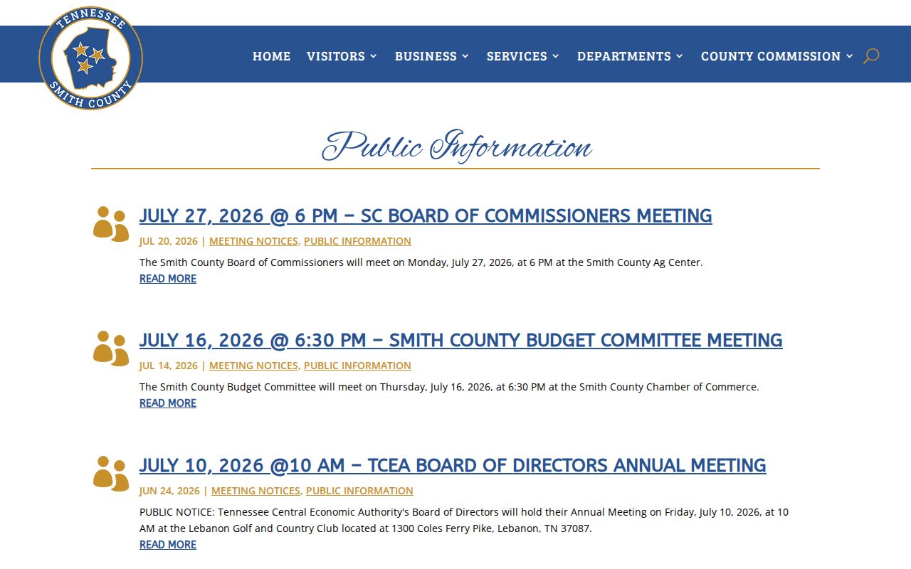Smith County Tennessee public-records access page for booking record requests